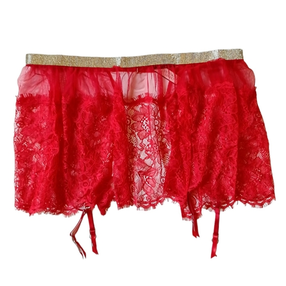 VS Lipstick Red Silver Rhinestone Shine Sheer Lace Skirt With Garters M/L NEW - Picture 5 of 10